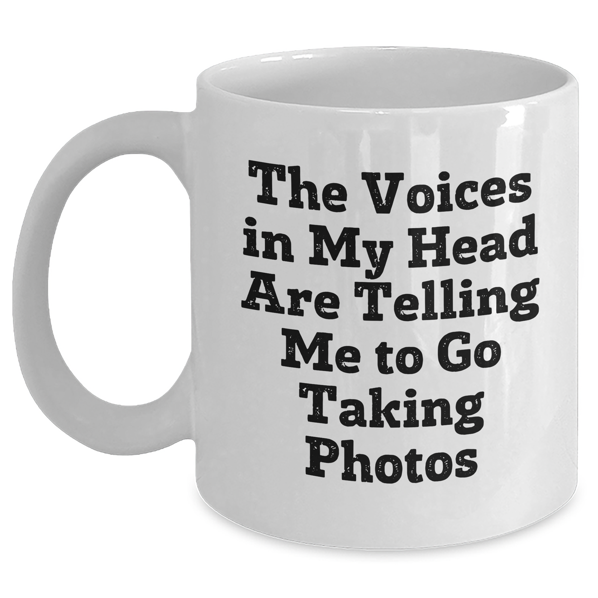 Funny Taking Photos Gifts for Men from Friends, Unique White Coffee Mug for Graduation, 'The Voices In My Head Are Telling Me To Go Taking Photos' Quote - Main