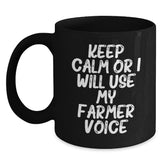 Funny Farmer Gifts for Friends, Men, and Coworkers - Keep Calm Or I Will Use My Farmer Voice Black Coffee Mug, Black Ceramic Mugs for Christmas Unique Gifts - Main