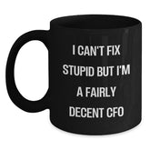 Funny CFO Gift, I Can't Fix Stupid But I'm A Fairly Decent CFO Christmas Unique Gifts for Men, Women, Friends, Coworkers, Family, Black Coffee Mug - Main