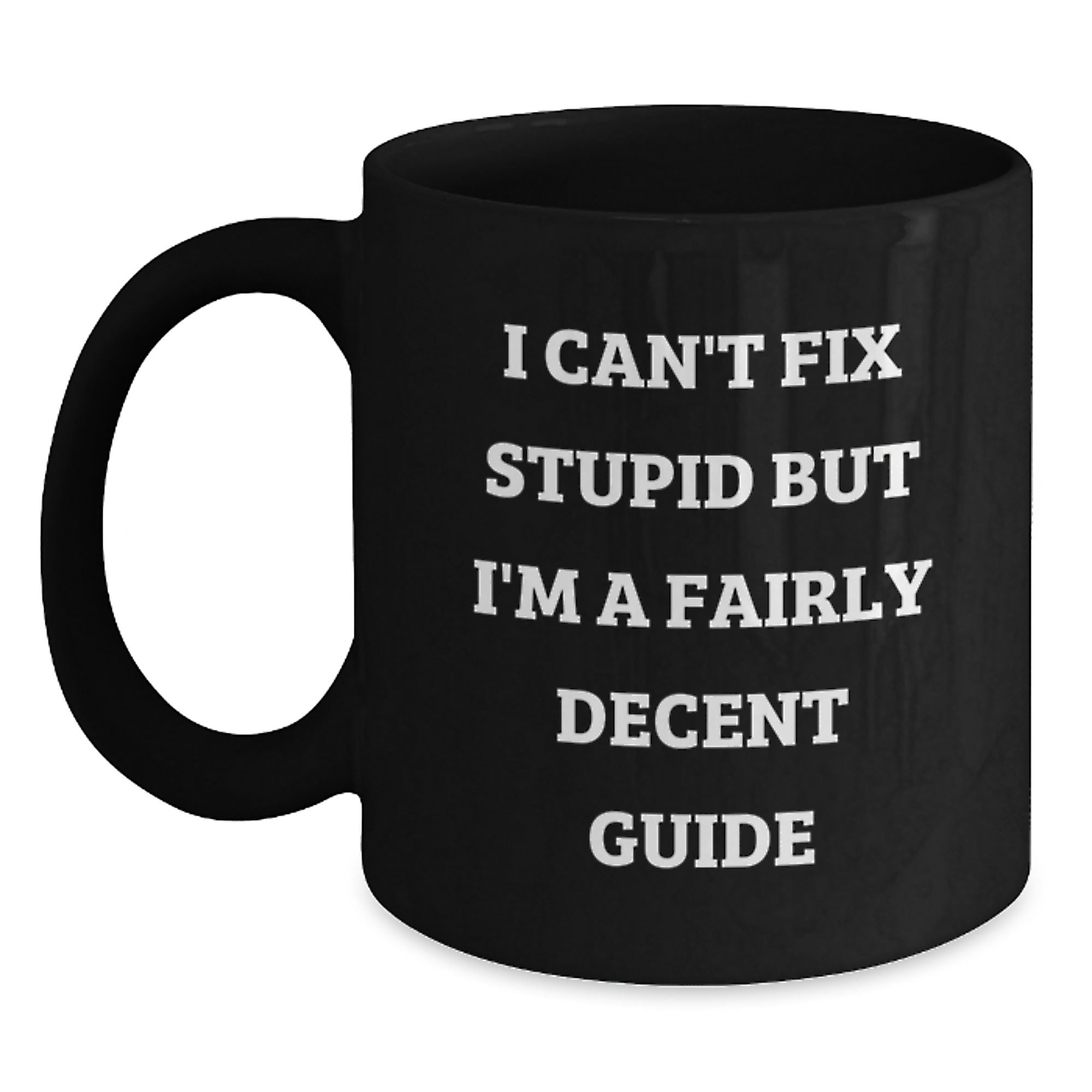 Funny Guide Gifts for Friends and Family - 'I Can't Fix Stupid But I'm A Fairly Decent Guide' Black Coffee Mugs - Main