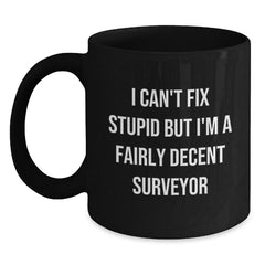 Funny Surveyor Gifts for Men from Friends, 'I Can't Fix Stupid But I'm A Fairly Decent Surveyor' Black Coffee Mug, Graduation Unique Presents - Main
