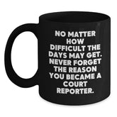 Funny Court Reporter Gifts from Friends and Family, Black Coffee Mug, Inspirational Quote 'Never Forget The Reason You Became A Court Reporter' - Main