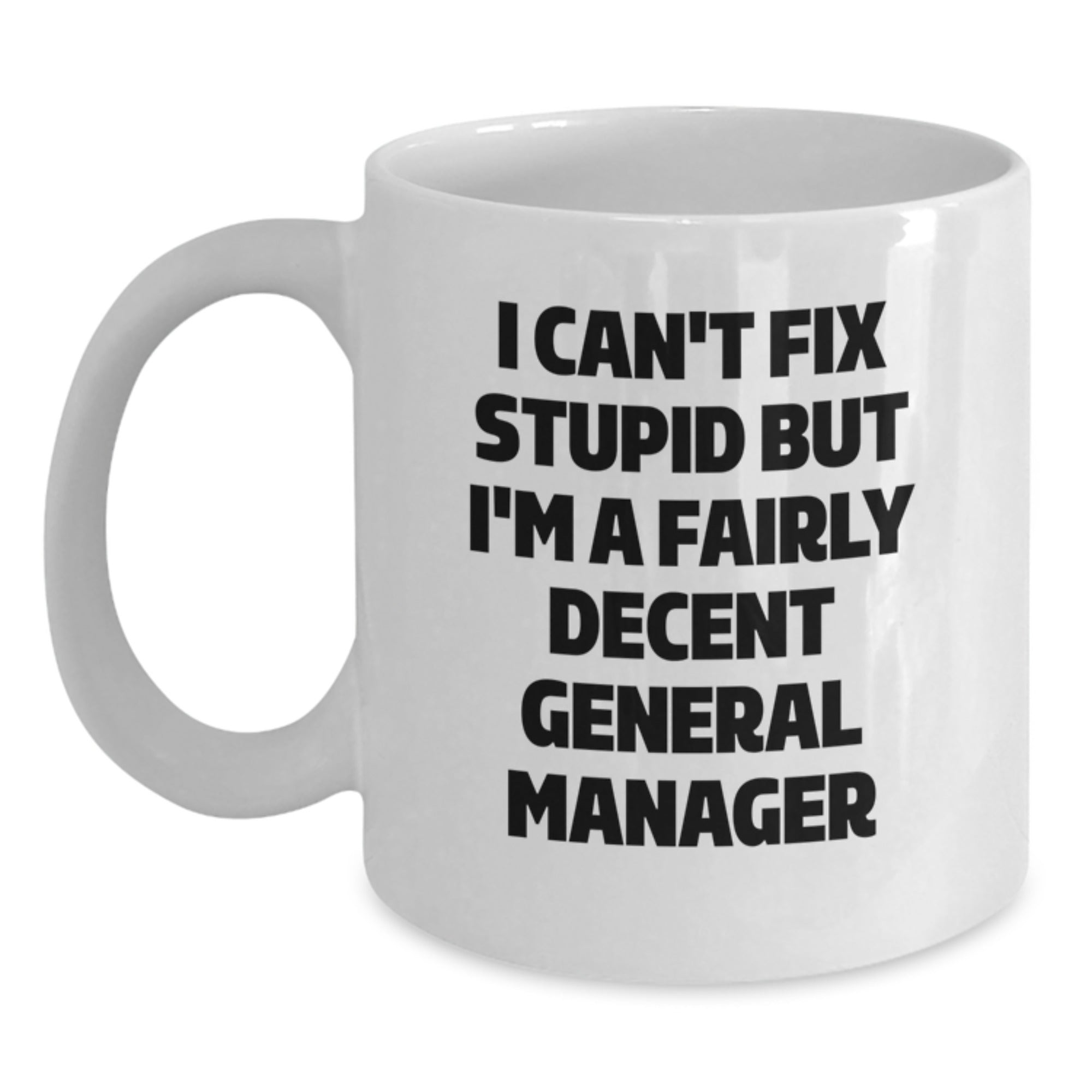 Funny General Manager Gifts from Men to Friends - I Can't Fix Stupid But I'm A Fairly Decent General Manager White Coffee Mug for Graduation - Main