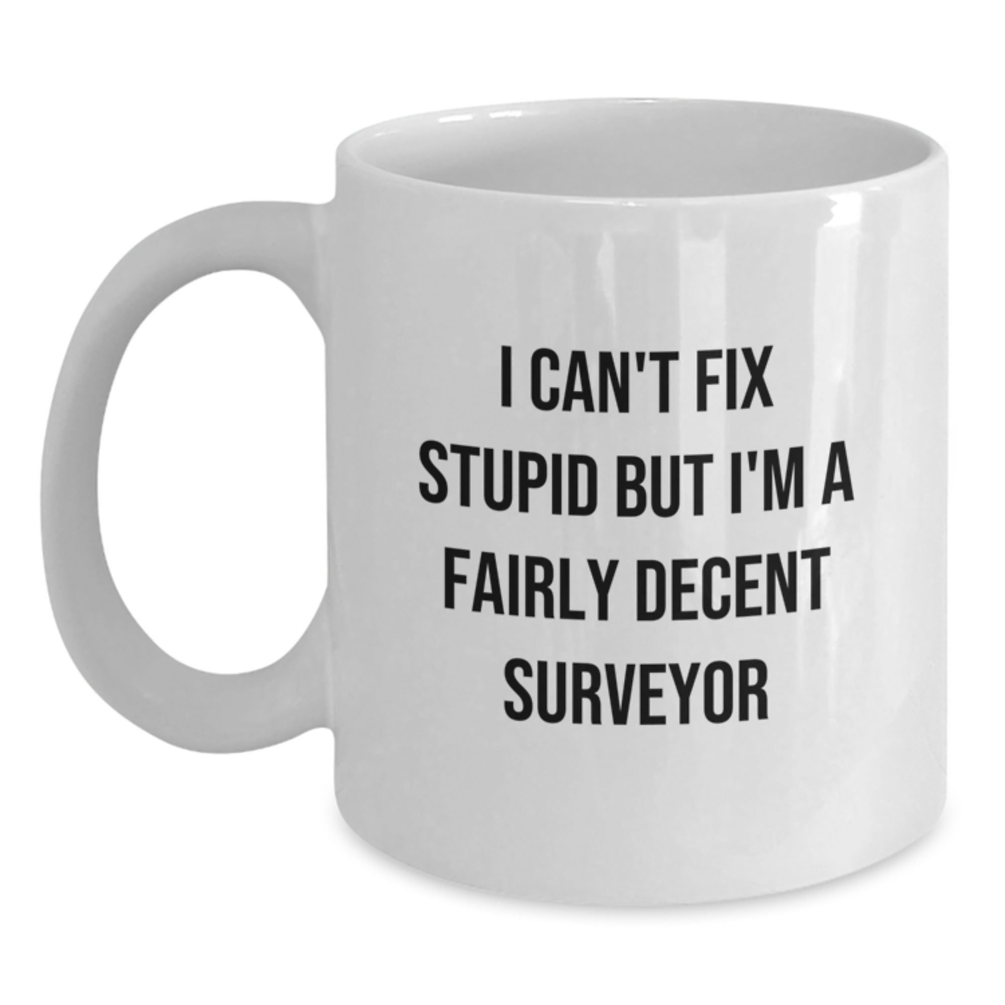 Funny Surveyor Gifts for Graduation - 'I Can't Fix Stupid But I'm A Fairly Decent Surveyor' White Coffee Mug for Surveyor Friends by Gifts from Men - Main
