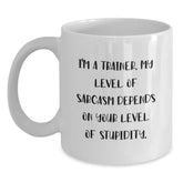 Funny Trainer Gifts from Friends, 'I'm A Trainer, My Level Of Sarcasm Depends On Your Level Of Stupidity.' Inspirational White Coffee Mug for Graduation - Main