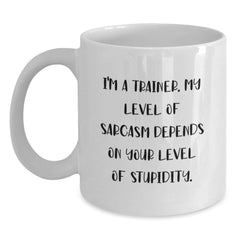 Funny Trainer Gifts from Friends, 'I'm A Trainer, My Level Of Sarcasm Depends On Your Level Of Stupidity.' Inspirational White Coffee Mug for Graduation - Main