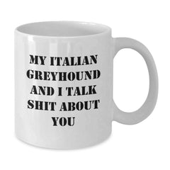 Italian Greyhound Dog Lovers Funny Gifts from Women, Gifts for Italian Greyhound Dog Owners, White Coffee Mug with Quote 'My Italian Greyhound And I Talk Shit About You' for Birthday - Additional