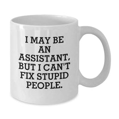 Gifts for Assistants, Funny White Coffee Mug, Christmas Unique Gifts from Friends - 'I May Be An Assistant, But I Can't Fix Stupid People.' - Additional