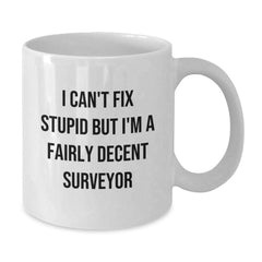 Funny Surveyor Gifts for Graduation - 'I Can't Fix Stupid But I'm A Fairly Decent Surveyor' White Coffee Mug for Surveyor Friends by Gifts from Men - Additional