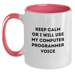 Funny Computer Programmer Gifts, Two Tone Coffee Mug, Keep Calm or I'll Use My Voice, Birthdays for Men, Friends, or Coworkers - Main