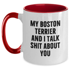 Funny Boston Terrier Dog Gifts from Men to Women - Valentine's Unique Two Tone Coffee Mugs with My Boston Terrier And I Talk Shit About You Quote - Boston Terrier Dog Lover Mug - Main