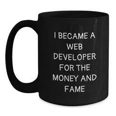 Funny Web Developer Gifts for Men from Coworkers on Birthday - I Became A Web Developer For The Money And Fame Quote Black Coffee Mug - Main