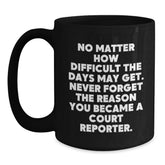 Funny Court Reporter Gifts from Friends and Family, Black Coffee Mug, Inspirational Quote 'Never Forget The Reason You Became A Court Reporter' - Main