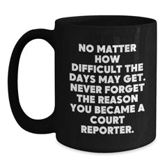 Funny Court Reporter Gifts from Friends and Family, Black Coffee Mug, Inspirational Quote 'Never Forget The Reason You Became A Court Reporter' - Main