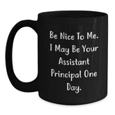 Funny 'Be Nice To Me' Assistant Principal Black Coffee Mug, Gifts from Friends for Graduation Unique Gifts - Main