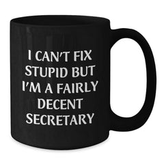 Funny Secretary Gifts, 'I Can't Fix Stupid But I'm A Fairly Decent Secretary' Quote Black Coffee Mug for Secretary, Gifts from Friends to Coworkers, Graduation Unique Gifts - Additional