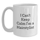 Funny Hairstylist Christmas Unique Gifts from Friends to Hairstylist, 'I Can't Keep Calm' White Coffee Mug for Women - Main