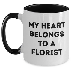 Funny Florist Gifts from Men to Florist, 'My Heart Belongs To A Florist' Two Tone Coffee Mug for Graduation, Black and White, Red and White, Navy and White, or Pink and White Options - Main