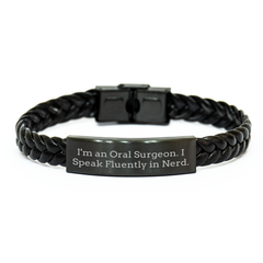 Oral Surgeon Gifts - Funny Quote Interlaced Leather Bracelet for Him, Unique Father's Day Presents from Men to Friends, Coworkers, Family - 'I'm An Oral Surgeon. I Speak Fluently In genius.' - Image 1