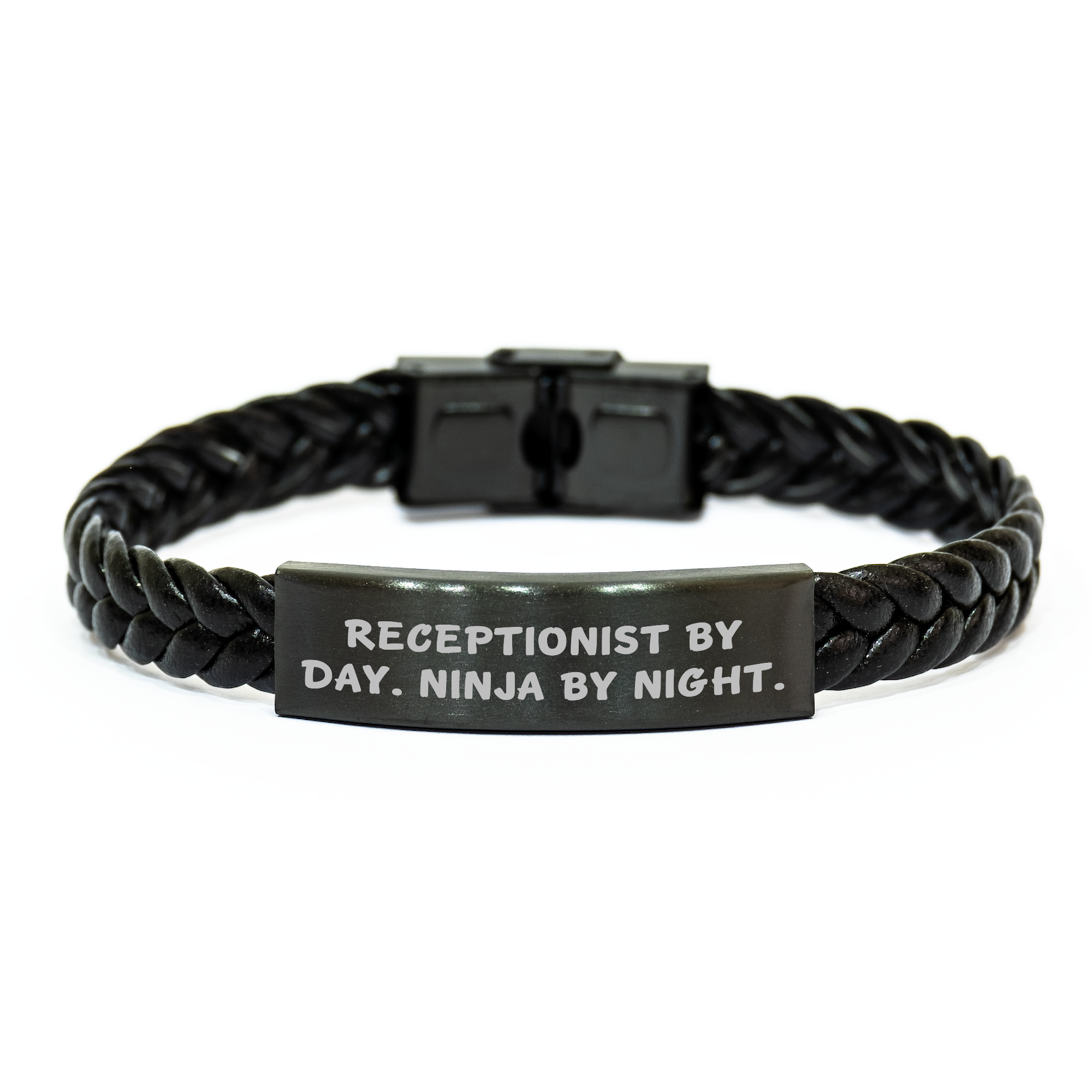 Receptionist By Day, Ninja By Night, Interlaced Leather Bracelet, Funny Quote, Father's Day Unique Gifts from Friends, Gifts for Receptionist, Unique Gift Ideas - Image 1