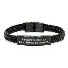 Receptionist By Day, Ninja By Night, Interlaced Leather Bracelet, Funny Quote, Father's Day Unique Gifts from Friends, Gifts for Receptionist, Unique Gift Ideas - Image 1