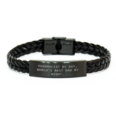 Funny Pharmacist Gifts - 'Pharmacist By Day, World's Best Dad By Night.' Interlaced Leather Bracelet for Graduation, Unique Gifts from Family, Coworkers, Friends to Pharmacist, Men, Women - Image 1