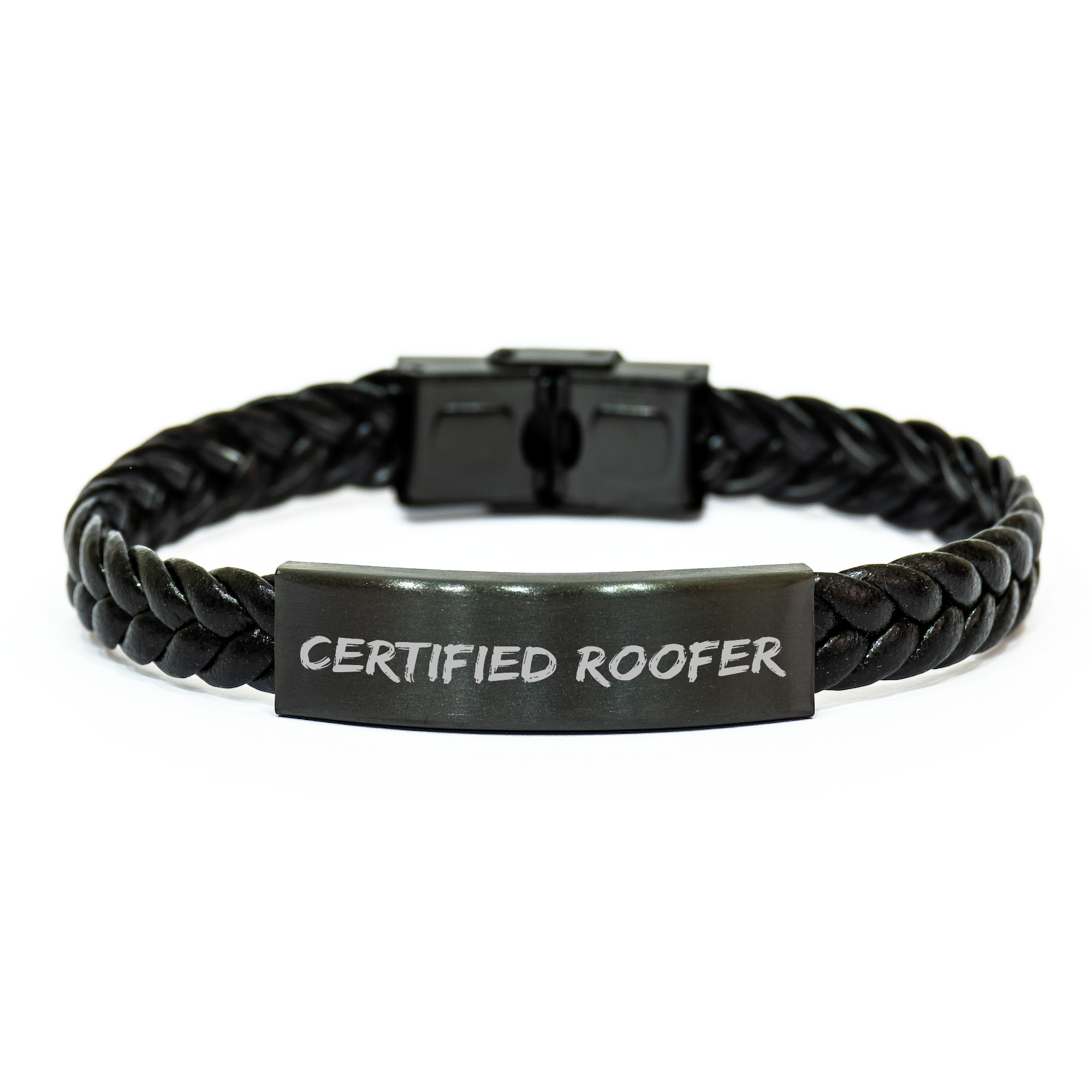Funny Roofer Gifts for Him - Certified Roofer Quote Interlaced Leather Bracelet for Men, 7.87 inches, Stainless Steel and PU Leather - Image 1