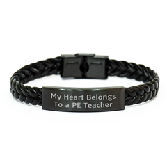 Funny PE Teacher Gifts - My Heart Belongs To A PE Teacher Interlaced Leather Bracelet, Graduation Unique Gifts from Friends, Family, or Coworkers for PE Teacher Men or Women - Image 1