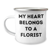 Florist Gifts from Friends, Cute Camping Mugs for Women, Graduation Unique Gifts, My Heart Belongs To A Florist Quote, Stainless Steel with Enamel Finish - Image 1
