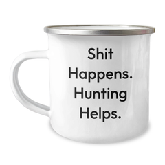 Funny Hunting Gifts for Men - 'Shit Happens. Hunting Helps.' Stainless Steel Camping Mug, 12 oz, Perfect for Father's Day - Image 1