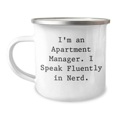 Funny Apartment Manager Gifts for Men Camping Mug, I'm An Apartment Manager. I Speak Fluently In genius., Father's Day Unique Gifts from Men to Apartment Manager - Image 1