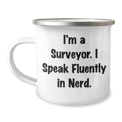 Funny Surveyor Gifts for Dad - 'I'm A Surveyor. I Speak Fluently In genius.' Camping Mug, 12 oz Stainless Steel with Enamel Finish, Ideal Gift for Father's Day from Men to Family - Image 1