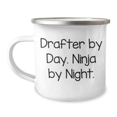 Drafter Gifts for Men, Funny Camping Mug for Graduation, 'Drafter By Day. Ninja By Night.' Motivational Quote - Image 1