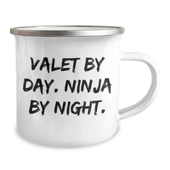 Valet Gifts for Men, Funny Camping Mug from Friends for Graduation, 'Valet By Day. Ninja By Night.' Quote on Stainless Steel with Enamel Finish, 12 oz Capacity - Image 2