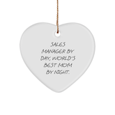 Funny Sales Manager Gifts, 'Sales Manager By Day, World's Best Mom By Night.' Heart Ornament for Christmas, Gifts from Mom to Sales Manager - Image 1