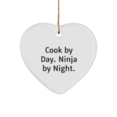 Cook Gifts from Men, Women, Friends, Coworkers, Family - 'Cook By Day. Ninja By Night.' Heart Ornament for Christmas - Image 1