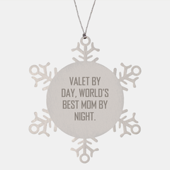 Valet By Day, World's Best Mom By Night Snowflake Ornament, Funny Gifts from Mom to Valet, Christmas Unique Gifts for Valet - Image 1