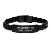 Funny Quote Gifts for Real Estate Investor, World's Greatest Interlaced Leather Bracelet for Men, Stainless Steel and PU Leather Christmas Unique Gifts from Friends - Image 1