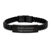 Funny 'World's Greatest Yoga Instructor' Interlaced Leather Bracelet Gifts from Men to Women, Unique Valentine's Gifts for Yoga Instructor, Friends and Family - Image 1