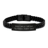 Funny Fitness Trainer Interlaced Leather Bracelet for Birthday Unique Gifts from Friends to Fitness Trainers, Keep Calm or I Will Use My Fitness Trainer Voice - Men's Fitness Motivation Gift - Image 1