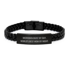 Funny Microbiologist Gifts from Mom - Interlaced Leather Bracelet for Graduation, 'Microbiologist By Day, World's Best Mom By Night.' - Image 1