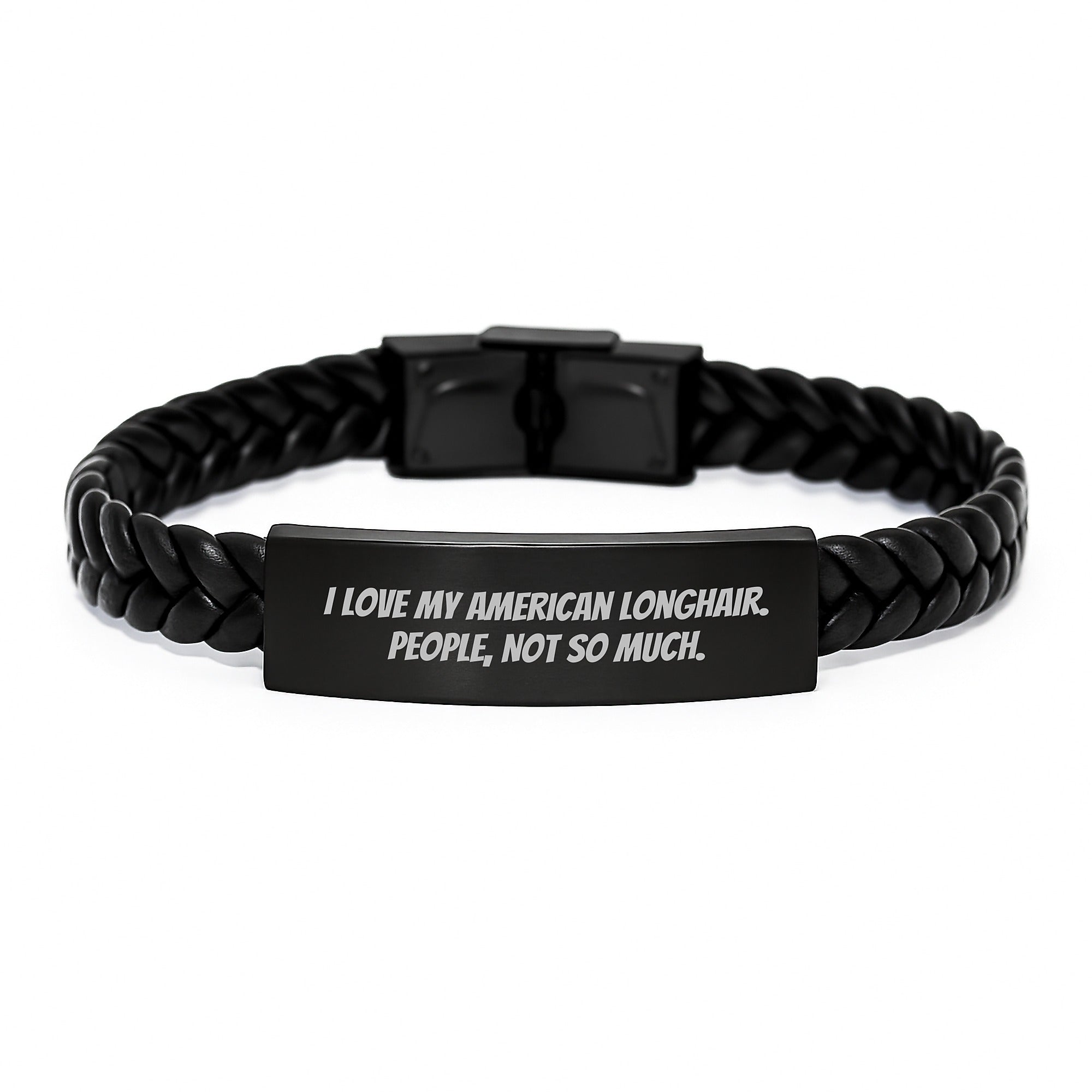 American Longhair Cat Lovers' Funny Gift, Interlaced Leather Bracelet, 'I Love My American Longhair. People, Not So Much.', Gifts from Friends, for American Longhair Cat Owners on Birthday - Image 1