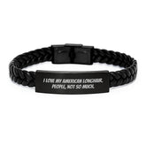 American Longhair Cat Lovers' Funny Gift, Interlaced Leather Bracelet, 'I Love My American Longhair. People, Not So Much.', Gifts from Friends, for American Longhair Cat Owners on Birthday - Image 1