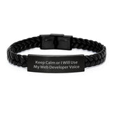 Funny Web Developer Gifts, Birthday Unique Interlaced Leather Bracelet for Men, Women, Coworkers, Friends - Keep Calm Or I Will Use My Web Developer Voice - Image 1