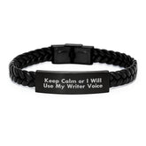 Funny Valentine's Gifts for Writers - Interlaced Leather Bracelet from Friends - Keep Calm Or I Will Use My Writer Voice - Unique Leather Writer Accessories for Men Women - Image 1