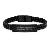 Funny Lawyer Gifts, Christmas Unique Gifts for Lawyer Men, 'Look At You Becoming A Lawyer And Shit' Interlaced Leather Bracelet - Image 1