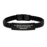 Funny Underwriter Gifts, Interlaced Leather Bracelet for Valentine's, Quote: 'All Men Are Created Equal But The Coolest Become An Underwriter' - Gifts from Men to Underwriter Friends - Image 1