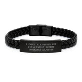 Funny Insurance Adjuster Gifts for Men, Women, Friends, Coworkers, Family - I Can't Fix Stupid But I'm A Fairly Decent Insurance Adjuster Interlaced Leather Bracelet for Christmas Unique Presents - Image 1