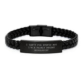 Funny Mixologist Gift, I Can't Fix Stupid But I'm A Fairly Decent Mixologist Interlaced Leather Bracelet Christmas Unique Presents for Men, Women, Friends, Family - Image 1