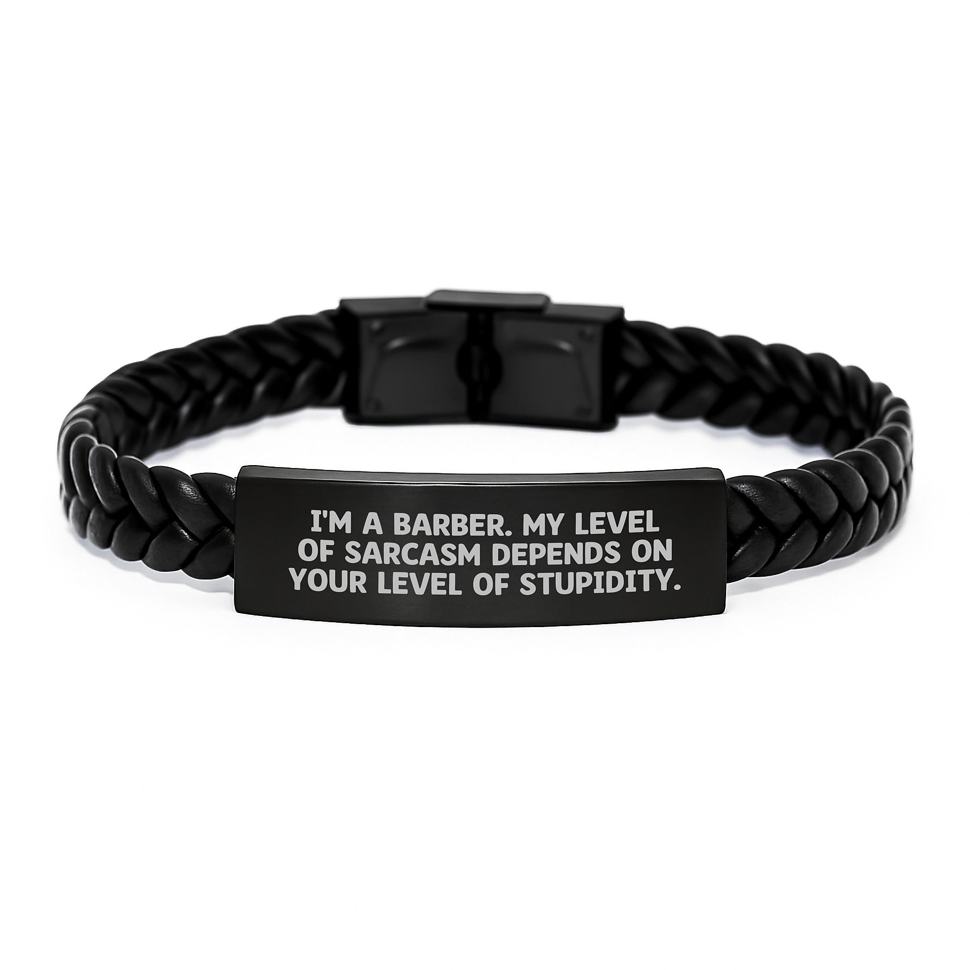 Funny Barber Gifts from Friends to Men - 'I'm A Barber, My Level Of Sarcasm...' Interlaced Leather Bracelet for Graduation Unique Gifts - Image 1